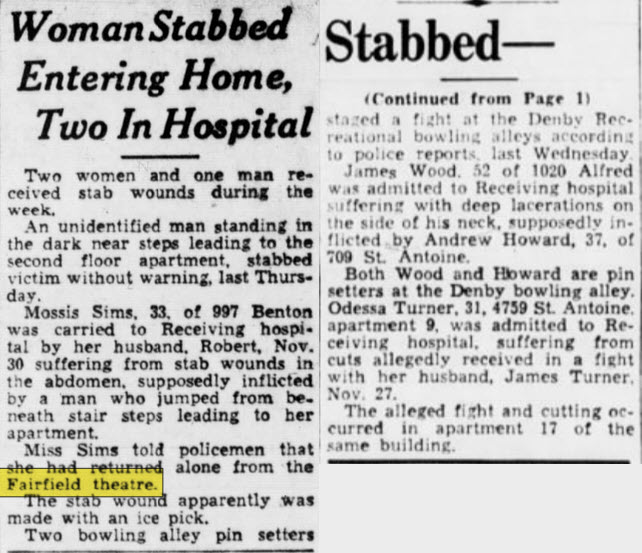 Dec 1945 stabbing incident mentions theater Fairfield Theatre, Detroit